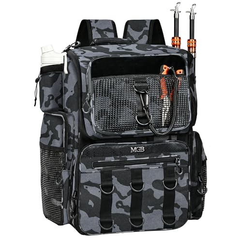 MGB 46L Fishing Tackle Backpack with 2 Rod Holders & YKK Zipper Storage Fishing Gear and Equipment, Gifts for Men Father - color: Blue+Black Camo(without Tackle Box)