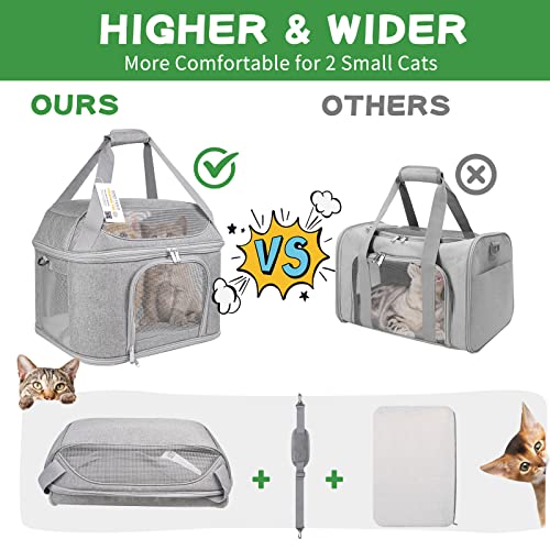Large Cat Carrier for 2 Cats, Soft Side Pet Carrier for Cats Small Dog, Collapsible Travel Dog Carrier Bag TSA Airline Approved Dog Carrier Backpack,Grey