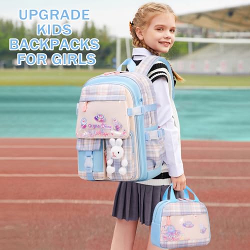 FIXITOK Girls Backpack Set, 3PCS Kids Backpack for Girls, Kawaii Bunny School Backpacks for Girl Kindergarten Elementary Preschool Middle School Bags with Lunch Box Pencil Case Blue-Plaid - color: Blue-plaid