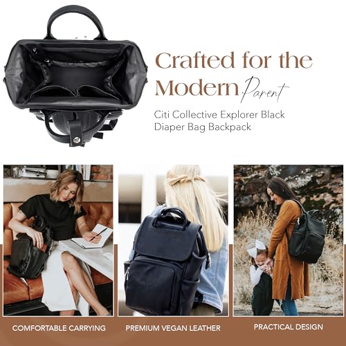 Citi Collective Explorer Black Diaper Bag Backpack - Vegan Leather Diaper Bag with Shoulder Strap, Insulated Bottle Pockets, Changing Pad, Stroller Clip- Versatile Diaper Bag for Baby - color: Black