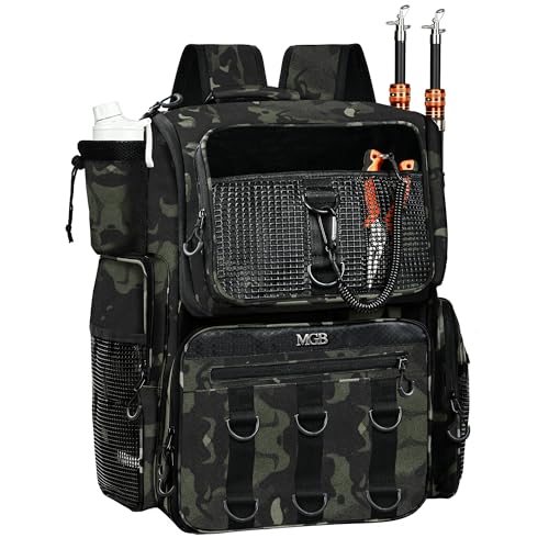 MGB Fishing Tackle Backpack with Rod Holders & YKK Zipper, 46L Fishing Bag with Bottle Holder, Storage Bag Store Fishing Gear - color: Green+black Camo(without Tackle Box)