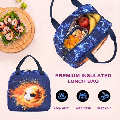 3PCS Kids Backpack Set, School Backpack with Lunch Bag & Pencil Case, Lightweight Waterproof Bookbag for Kids (Flame Soccer Blue) - color: Flame Soccer Blue
