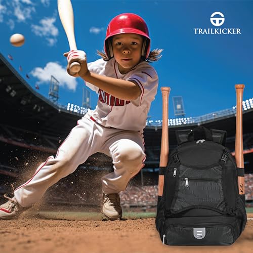 TRAILKICKER Baseball Bag for Boys and Girls Lightweight Youth Softball Backpack with Shoe Compartment and External Helmet Holder Durable and Waterproof
