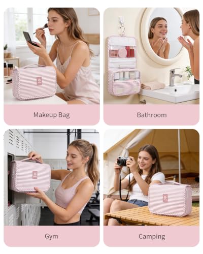 Narwey Hanging Travel Toiletry Bag for Kids Girls Women, Cute Makeup Bag - color: Y-Dusty Pink Stripe