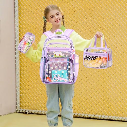 ACESAK Clear Backpack for Girls - 3 Pcs Clear Backpack Heavy Duty with Lunch Bag - See Through Bookbag Stadium Approved for Kids Middle High College School Sport Travel (Purple Daisy) - color: Purple Daisy