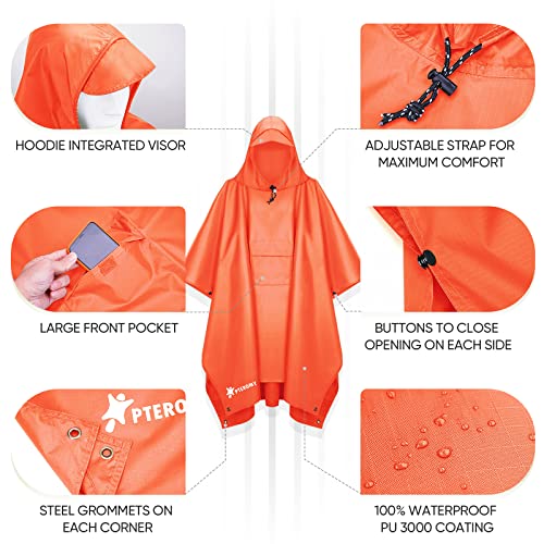 PTEROMY 3-in-1 Hooded Rain Poncho for Adult with Pocket, Waterproof Lightweight Unisex Raincoat for Hiking Camping Emergency - color: Orange