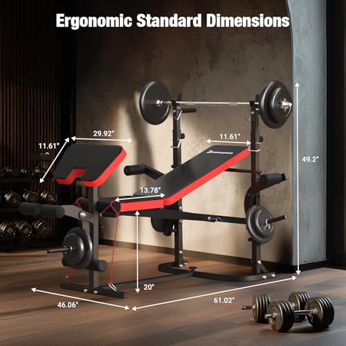 6-in-1 Foldable Weight Bench Set, 1695LBS Adjustable Workout Bench/Barbell Rack/Curl Pad, Bench Press, Leg Extension and Curl machine, Workout Fitness Equipment w/Squat Rack for Home Gym