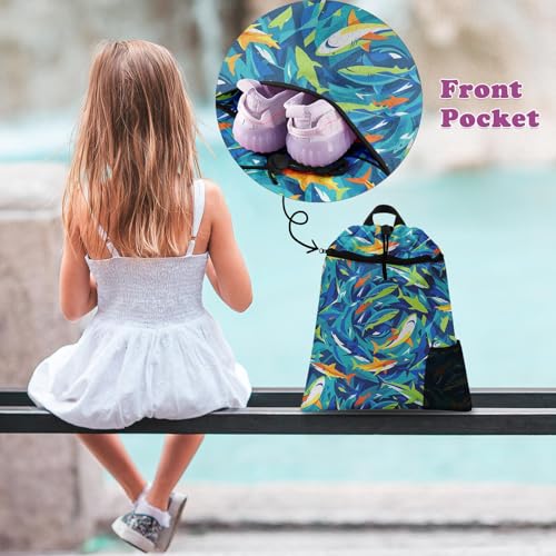 Blue Shark Drawstring Backpack, 15” x 17” Waterproof Swim Bag for Beach Swimming Pool, Lightweight Foldable Gym Bag with Water Bottle Holder for Sports Travel - color: Blue Shark