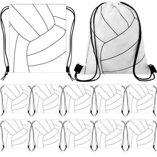 Dansydaisy 12 Pcs 12 In Volleyball Drawstring Backpack Bag Goodie Snack Gift Bags Sports Party Favors String Backpack Bulk(White) - color: White