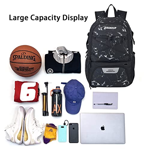 GRANDUP Basketball backpack with ball and shoes compartment Fit Volleyball, soccer, Swim, Gym, Travel, and School, large capacity sports training equipment bags - color: black marble