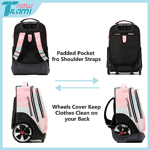 NEW TILAMI 19 Inch Rolling Backpack with Lunch Bag for Girls Boys Wheeled Laptop Backpack Durable Carry-on Bag School Travel, Pink - color: Pink