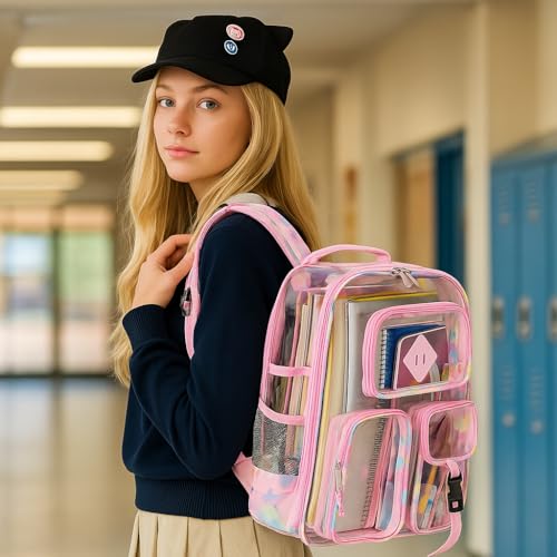 Clear Backpack-Heavy Duty PVC clear backpack for Stadium/Travel/Work,Dual Zippered Compartments&Mesh Side Pockets (pink) - color: Pink