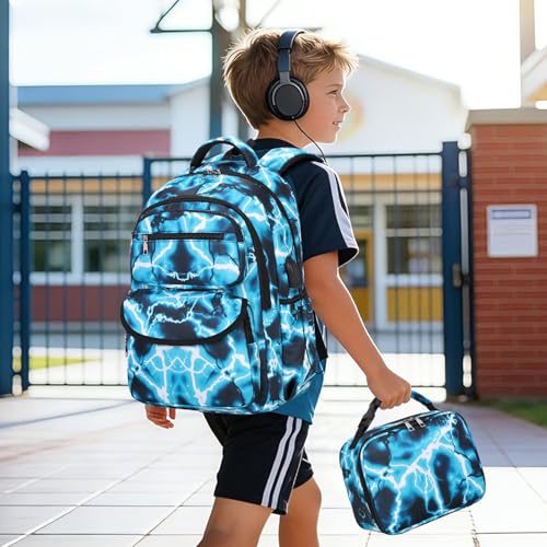Bevalsa Backpack for Boys, Lightning School Bags with Lunch Bag & Pen Case for Kids, Bookbag for Boys Teens Elementary Middle High School - color: Green
