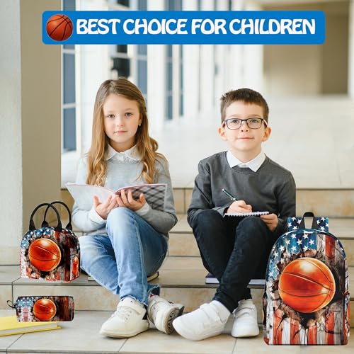 3PCS Backpack for Girls Boys,Teens Flag Basketball Back to School Backpack with Lunch Box Pencil Case, 17 Inch Lightweight Students Backpack 3 in 1 Set for Elementary Middle High School - color: American Flag Basketball