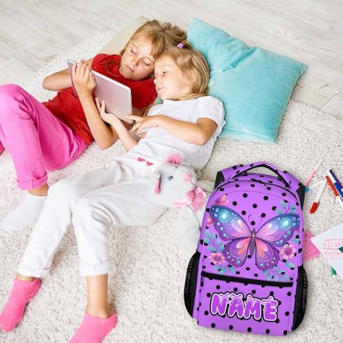 Kids Backpack Custom Butterfly Polka Dots Backpack for Girls, 17 Inch Girls Cute Bookbag for Travel Kindergarten Preschool Elementary School - color: Purple