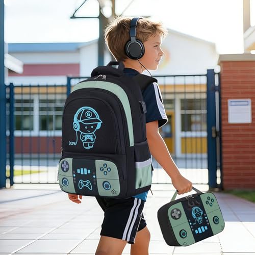 Bevalsa Backpack for School Boys, Cool Luminous Gamer Boys Schoolbag with Lunch Box & Pencil Case Set for Kids Teens Elementary Middle School, Bookbag Glow In The Dark(Green Backpack) - color: Green, style: Backpack