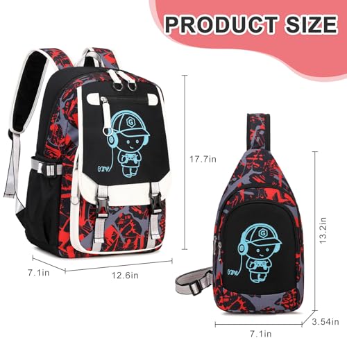 Bevalsa Backpack for Boys, Cool Luminous Boys Backpack with Sling Bag, Lunch Box & Pen Case, School Bags for Kids Children Teens Elementary Middle Schools, Bookbag Glow In The Dark (Red) - color: Red