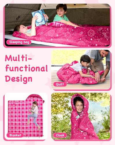 KingCamp 45°F Kids Sleeping Bag, Lightweight Waterproof & Compact Flannel Sleeping Bags Cold Weather & Warm Youth Essentials Gear Accessories for Camping, Fits 10-12 Children up to 4'7"-5'5" Tall - color: 8.6°F ~44.6°F RoseRed Left 4-in-1