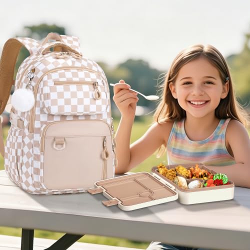 Bevalsa Backpack for Girls, School Bookbag Teen Girls Backpack Set with Bento Lunch Box, Insulated Bag & Pencial Case, 43oz Lunch Containers for Kids Elementary Middle Student (Khaki Checkerboard) - color: Khaki Checkerboard