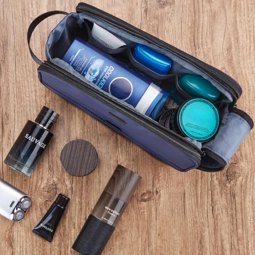 ZEEMO Travel Toiletry Bag for Men, Medium Water-Resistant Double-Sided Full-Open Dopp Kit, Versatile Organizer for Shower and Hygiene Accessories, Bathroom Essentials, Cosmetics, Blue | double-sided storage and water-resistant fabric for travel essentials