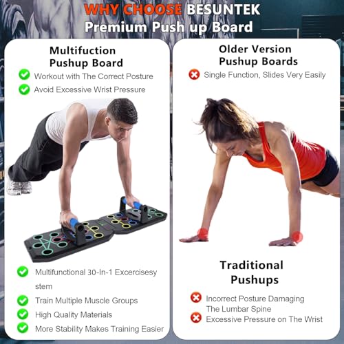 Push Up Board Fitness, BESUNTEK Foldable Multi-Function Exercise Board with Elastic Cord for Total Body Workouts, Portable Push Up Board for Floor