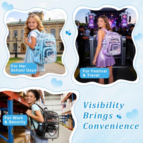 Clear Backpack for School Girls, Cute Heavy Duty PVC Transparent Bookbag, See-Through Bag for Stadium Event Blue - color: Blue