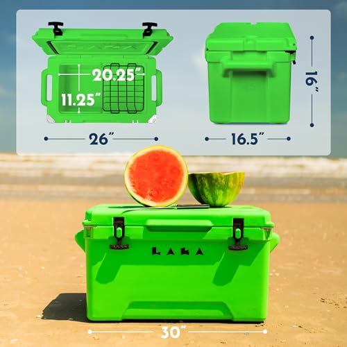 Laka Cooler – 45 Quart Rotomolded Hard Cooler, Insulated Ice Chest Holds 36 Cans/45 lb Ice, Up to 7 Days Cold, Drain Plug + Basket, Non-Slip Feet, Beach Boat Camping Tailgate - color: Lime Green