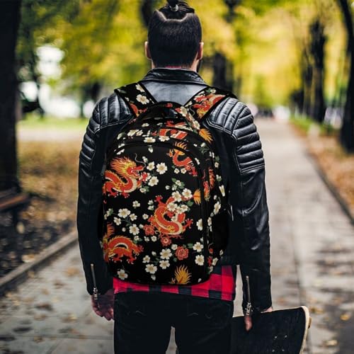 Casual Lightweight Laptop Backpack Red Chinese Japanese Dragon Flower Black, Cute Travel Daypack with Tumbler Holder for College Nurse Teacher Work Commute - color: Pattern (356)