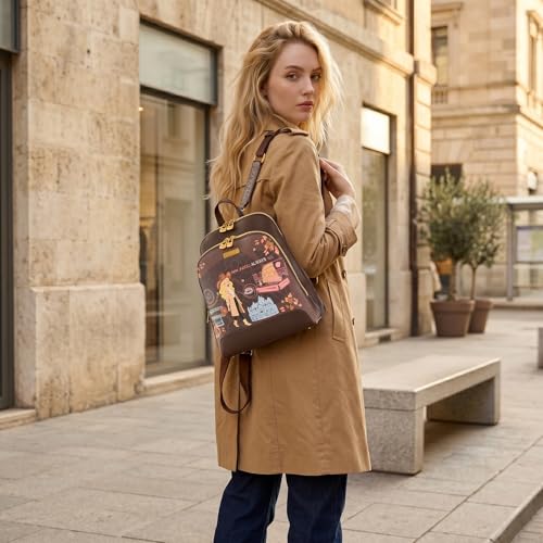 Venetti Cityscape Illustration Mini Backpack for Women and Girls, Cute Small Backpack Purse with Multi-Pocket and Zipper, Light Print Shoulder Bag Leather for Travel Daily Use VN-HB-001-BR - color: Brown