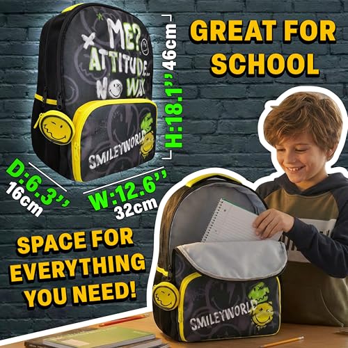 Get Trend Smiley World Kids Backpack for Boys, 18 inch Book Bag with Adjustable Padded Straps, Travel School Bag, Kids Gifts (Yellow/Multi Smiley) - color: Yellow/Multi Smiley