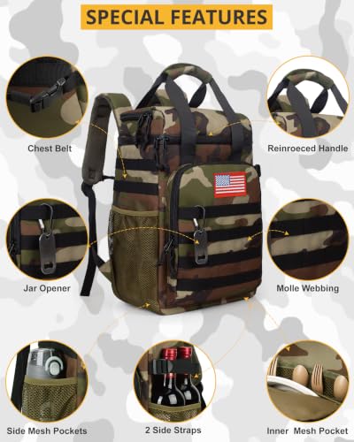 Tactical Backpack Cooler,25L Lunch Ice Chest with Handle for Men Adult Work - color: Camo Green