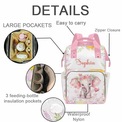 MyPupSocks Personalized Elephant Diaper Bag Backpack for Mom Daughter Granddaughter - Customized Nappy Mommy Bag Backpack Diaper Bag with Name - color: Style 6