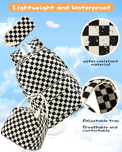 LOIDOU Backpack for Teen Girls Bookbags School Backpack with Lunch Box and Pencil Case 3 in 1 School Bags Set - color: Black and white check