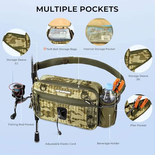 KastKing BaitSpace Waist Bag, Fishing Fanny Pack with Rod Holder - color: Khaki Camo