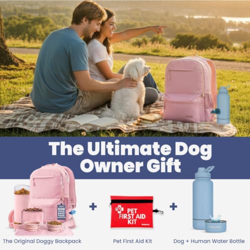 Dog Travel Bag for Supplies - Complete Dog Diaper Bag Backpack with 2 BPA-Free Travel Bowls, Treat Pouch, Food Container, Placemat & Laptop Sleeve – for Traveling, Road Trips, Hiking: Dusty Pink - color: Dusty Pink