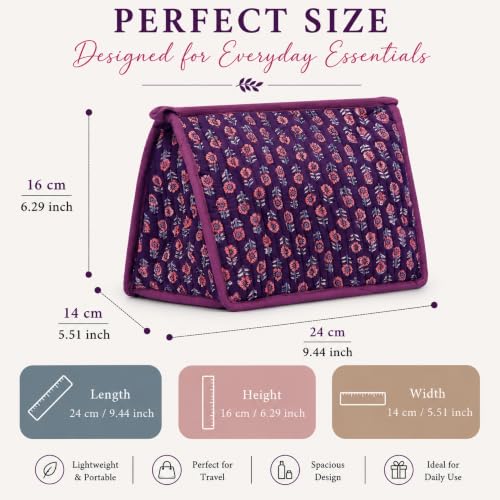 Huar Quilted Makeup Bag- Large Capacity Cosmetic Bags for Women - color: Purple & Orange Floral