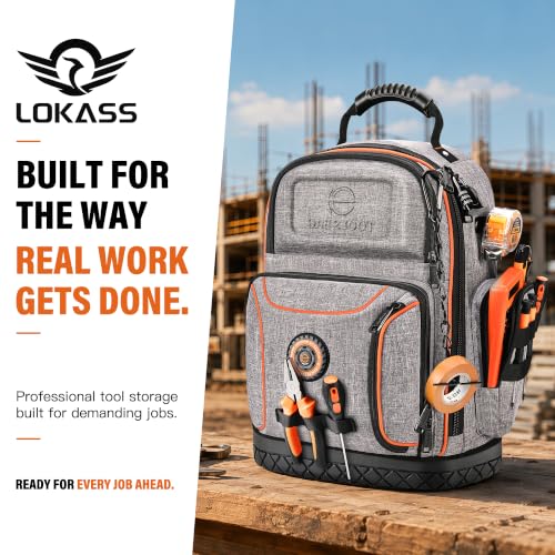 LOKASS 18.1-inch Heavy-Duty Tool Backpack, 75 Pockets, Gray - color: Grey