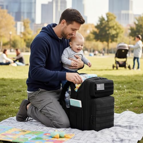 LORADI Large Dad Diaper Bag Backpack, Tactical Style, Black | Stroller Clips, Luggage Sleeve for Travel, Insulated Pockets - color: Black