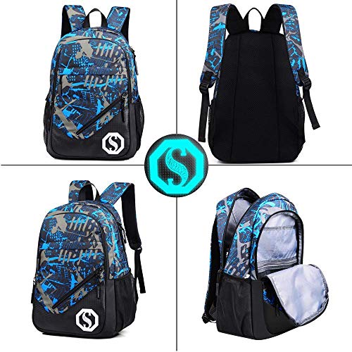 School Backpack for Boys, 14 Inch Laptop Backpack with USB Charging Port, Anti-theft Lock, Lunch Bag & Pencil Case, Lightweight Water Resistant Bookbag Daypack - style: Boy-blue