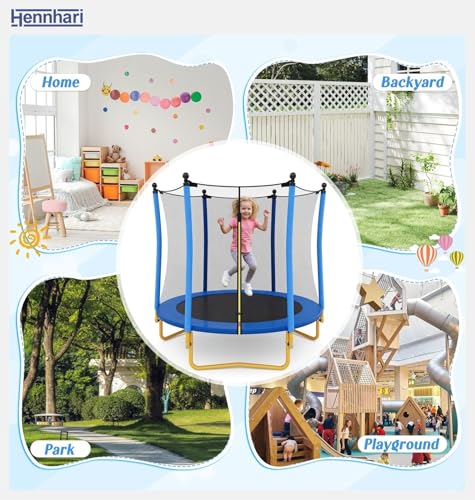 5 FT Kids Trampoline with Safety Enclosure Net, Indoor Outdoor Toddler Trampoline with U-Shaped Legs & Foam Poles, Mini Trampoline for Kids - color: Blue