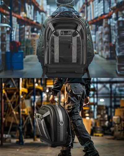 Heavy Duty Tool Backpack, 18-Inch Hard Shell Electrician Tool Bag, Full-Open Work Bag with Molded Base, Removable Tool Organizer, Laptop Compartment, HVAC Construction Backpack for Men, Grey - color: Grey