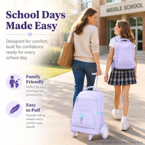 CCJPX 3Pcs Women & Girls Rolling Backpack with Bigger Wheels, Extra-Large Wheeled Bookbag with Lunch Box, Water Resistant Extra-Large Roller Luggage for Travel, Work, College (Purple) - color: Purple(upgrade Large Wheel)