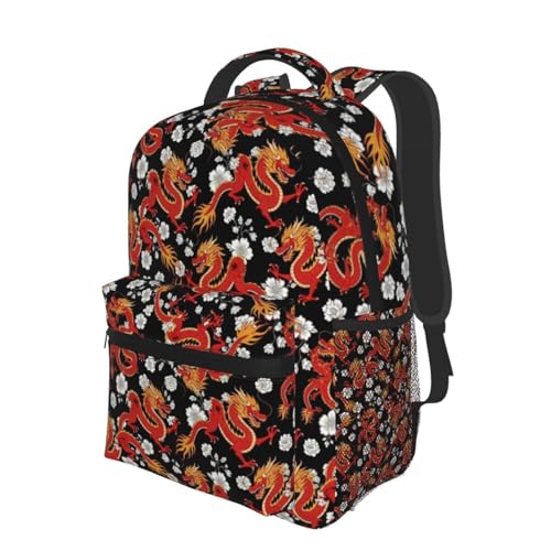Water Resistant Casual Backpack Japanese Chinese Dragon Flower Black Floral, Hiking Daypack with Side Mesh Pockets for Men Women and Outdoor Activities - color: Pattern (233)