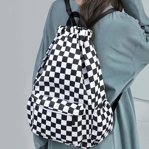 Drawstring Backpack for Women Drawstring Gym Bag Water Resistant Small Cinch Sack Pull String Backpack Bag (Checkered-Black) - color: Checkered-black