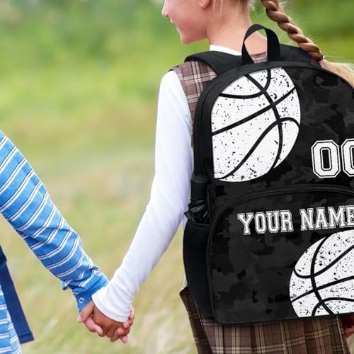 Custom Basketball Backpack for Kids Boys Black Camo School Bookbag Lunch Box Set 5 Pcs Lightweight Schoolbag Travel Laptop Backpack Book Bag Pencil Case Keychain for Back to School - color: Basketball Black Camo