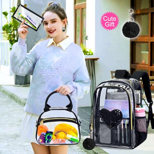 gxtvo 3PCS Clear School Backpack Heavy-Duty Set for Women & Teen Girls, 17" See Through Bookbag with Luxurious Gold Zipper, Black Sequins Transparent Bag - color: Black Sequins Clear Backpack Set