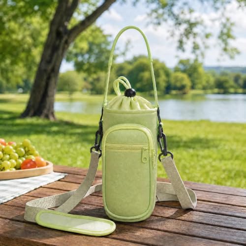 Water Bottle Holder with Strap, Water Bottle Carrier Bag with Phone Pocket, Shoulder Hand Strap Insulated Neoprene 32/40 oz Water Bottle Sleeve for Walking Hiking Camping Gym - color: 7 GREEN, size: under 32oz