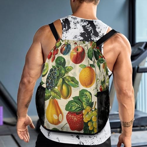 Drawstring Gym Backpack with Shoe Compartment And Wet Pocket, 28L Lightweight Waterproof Various Fruit Sports Backpack for Workout Swim Beach Travel String Bag for Men Women
