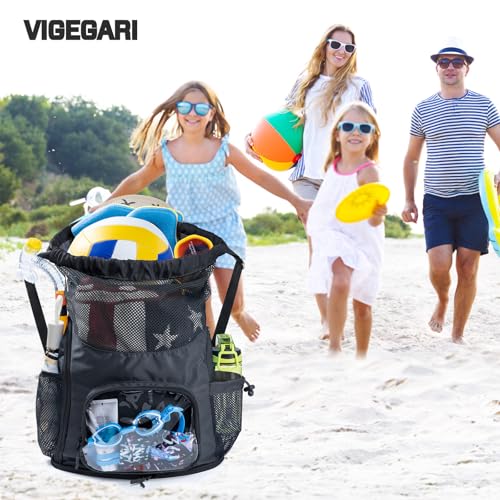 Mesh Drawstring Backpack with Shoe Compartment, Sandproof Beach Swim Bag with Wet Pocket, Pool Gym Shower Bag for Travel Summer Camp - color: Black, style: Style a