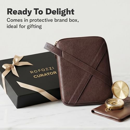 rofozzi Vegan Leather Travel Tech Pouch, Electronics & Cable Case Organizer with Padded 11-Inch Tablet Sleeve and Passport Pockets - color: Espresso